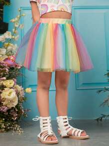 SHEIN 小女童滿版彩虹印花T恤和撞色網紗半身裙 - 彩色 - 查看 7