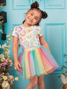 SHEIN 小女童滿版彩虹印花T恤和撞色網紗半身裙 - 彩色 - 查看 4