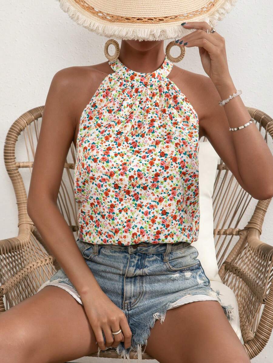 SHEIN VCAY Áo sơ mi nữ Họa tiết hoa Boho - trắng - Xem 1