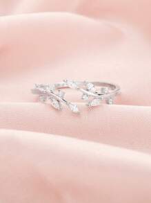 1入組魅力四射方晶鋯石樹葉裝飾銀開口戒指適合女士日常裝飾 - 銀色 - 查看 6