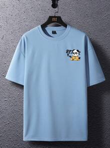 Claim Dot Áo thun hở vai họa tiết hoạt hình & khẩu hiệu dành cho nam - Màu xanh bụi bặm - Xem 3