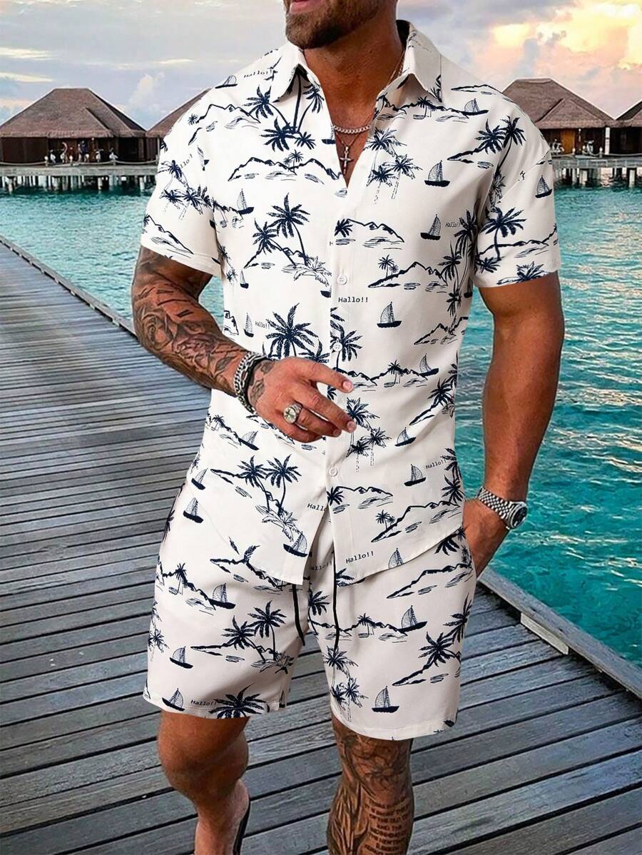 Manfinity RSRT 男士熱帶圖案襯衫和腰部抽繩短褲不帶T恤 - 白色 - 查看 1