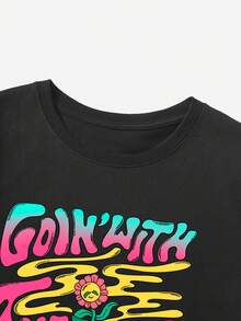 Atosha 標語和卡通圖案T恤 - 黑色 - 查看 5