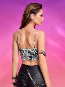 WONDER WOMAN X SHEIN Pop Art Print Bandana Hem Cami Top - Black and White - View 2