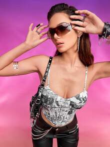 WONDER WOMAN X SHEIN Pop Art Print Bandana Hem Cami Top - Black and White - View 4