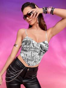 WONDER WOMAN X SHEIN Pop Art Print Bandana Hem Cami Top - Black and White - View 5