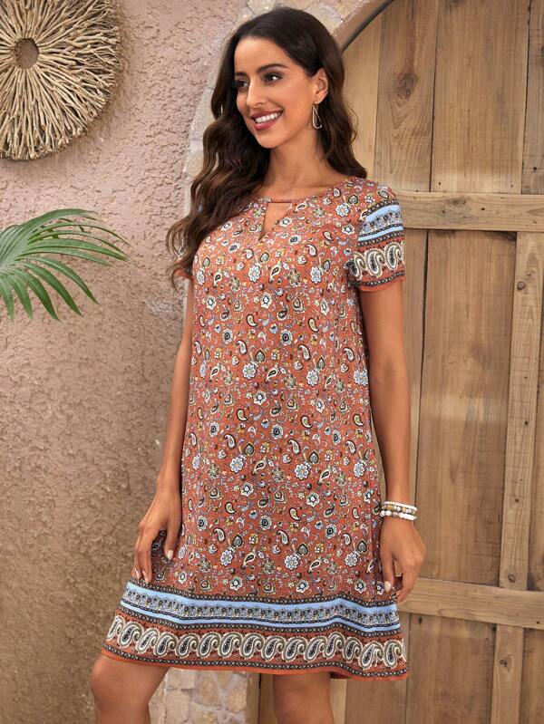 EMERY ROSE Vestido de túnica impressão paisley & floral decote