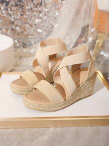 女士交叉編織度假仿麂皮踝帶坡跟涼鞋適合夏天 - 杏色 - 查看 2