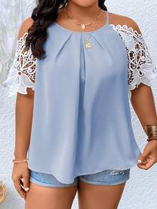 SHEIN Clasi Áo sơ mi Plus Size Tương phản ren Cắt ra Khối Màu Giải trí - Màu xanh nhạt - Xem 3