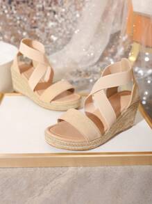 女士交叉編織度假仿麂皮踝帶坡跟涼鞋適合夏天 - 杏色 - 查看 6