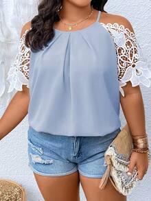 SHEIN Clasi Áo sơ mi Plus Size Tương phản ren Cắt ra Khối Màu Giải trí - Màu xanh nhạt - Xem 5