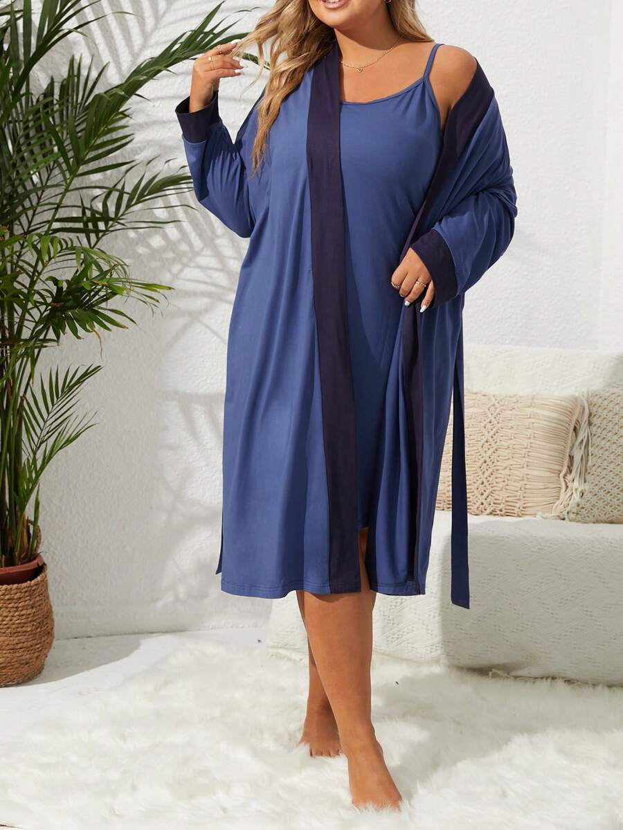 Plus Contrast Trim Belted Robe Set - Blue - View 1