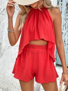 Breezaya 高低下摆吊带上衣和短裤新年服装 - 紅色 - 查看 3