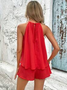 Breezaya 高低下摆吊带上衣和短裤新年服装 - 紅色 - 查看 2