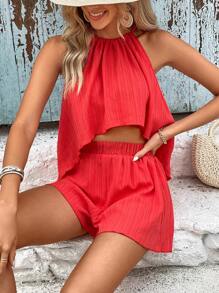 Breezaya 高低下摆吊带上衣和短裤新年服装 - 紅色 - 查看 1