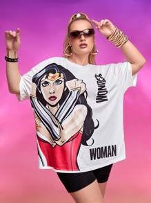 WONDER WOMAN X SHEIN 大码图案落肩 T 恤 - 白色 - 查看 1