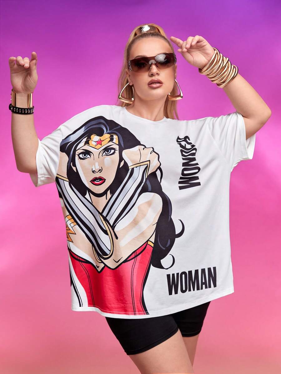 WONDER WOMAN X SHEIN 大码图案落肩 T 恤 - 白色 - 查看 1