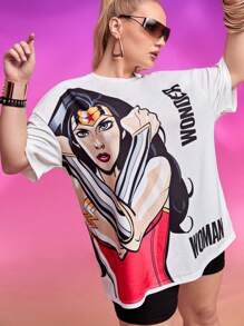 WONDER WOMAN X SHEIN 大码图案落肩 T 恤 - 白色 - 查看 5