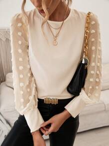 Chiquease Swiss Dot Bishop Sleeve Solid Blouse,Long Sleeve Tops Fall Cloth For Women - Apricot - View 1