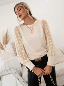 Chiquease Swiss Dot Bishop Sleeve Solid Blouse,Long Sleeve Tops Fall Cloth For Women - Apricot - View 3