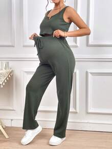 SHEIN Maternity Notched Neckline Tank Top & Drawstring Waist Trousers - Army Green - View 1
