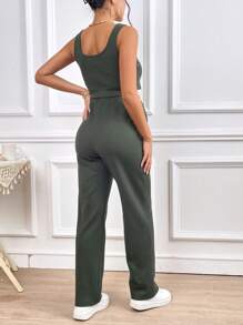 SHEIN Maternity Notched Neckline Tank Top & Drawstring Waist Trousers - Army Green - View 2