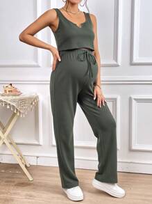 SHEIN Maternity Notched Neckline Tank Top & Drawstring Waist Trousers - Army Green - View 3