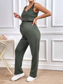 SHEIN Maternity Notched Neckline Tank Top & Drawstring Waist Trousers - Army Green - View 5