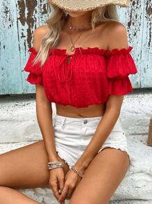 SHEIN VCAY 一字肩褶邊前繫帶短款襯衫 - 紅色 - 查看 3