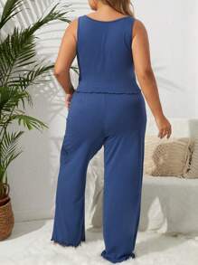 SHEIN Plus Lettuce Trim PJ Set - Navy Blue - View 2