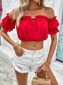 SHEIN VCAY 一字肩褶邊前繫帶短款襯衫 - 紅色 - 查看 6