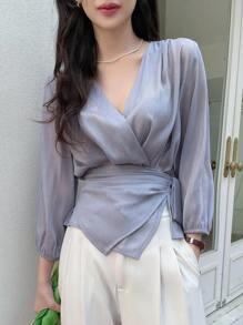 DAZY Solid Wrap Knot Side Blouse - Dusty Blue - View 1