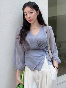 DAZY Solid Wrap Knot Side Blouse - Dusty Blue - View 3