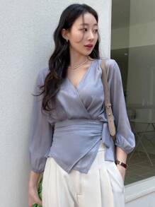 DAZY Solid Wrap Knot Side Blouse - Dusty Blue - View 4