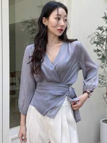 DAZY Solid Wrap Knot Side Blouse - Dusty Blue - View 5