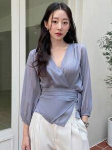 DAZY Solid Wrap Knot Side Blouse - Dusty Blue - View 6