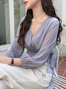 DAZY Solid Wrap Knot Side Blouse - Dusty Blue - View 7