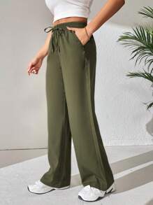 SHEIN PETITE 腰部抽繩闊腿褲 - 軍綠色 - 查看 5