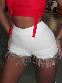 SHEIN ICON 水鑽流蘇邊短褲 - 白色 - 查看 3