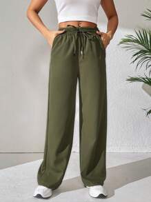 SHEIN PETITE 腰部抽繩闊腿褲 - 軍綠色 - 查看 6