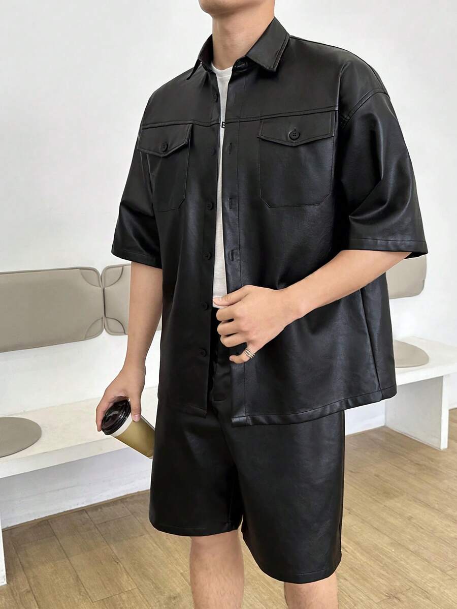 Manfinity RebelGame Men Flap Pocket Drop Shoulder Shirt & Shorts Without Tee - Black - View 1