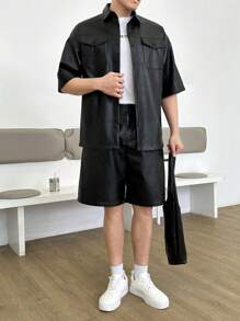 Manfinity RebelGame Men Flap Pocket Drop Shoulder Shirt & Shorts Without Tee - Black - View 5