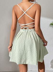 SHEIN PETITE Đầm Lộ Lưng Hội Chữ thập màu trơn Gợi cảm - màu xanh lá - Xem 2