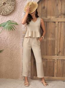 EMERY ROSE 素色V領荷葉邊下擺襯衫和褲子 - 卡其色 - 查看 1