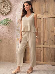 EMERY ROSE 素色V領荷葉邊下擺襯衫和褲子 - 卡其色 - 查看 4