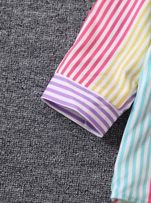 Girls Striped Print Colourblock Patched Pocket Drop Shoulder Shirt - Multicolor - View 4