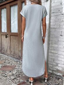 SHEIN LUNE 素色蝙蝠袖下擺開叉T恤連衣裙 - 灰色 - 查看 2