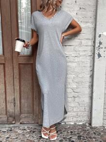 SHEIN LUNE 素色蝙蝠袖下擺開叉T恤連衣裙 - 灰色 - 查看 3