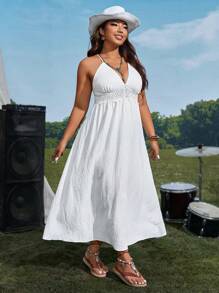 SHEIN VCAY Plus Solid Tie Backless Cami Dress Country Dress - White - View 4