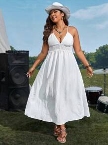 SHEIN VCAY Plus Solid Tie Backless Cami Dress Country Dress - White - View 1